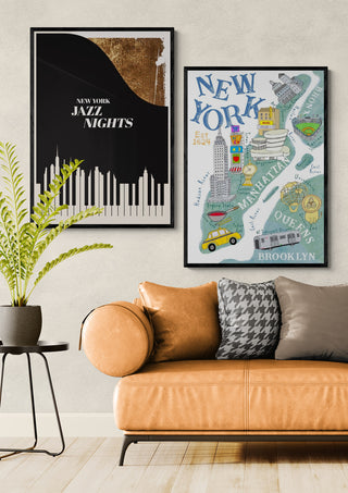 Framed Map of New York by Carla Daly displayed above a tan sofa in a modern living room setting.
