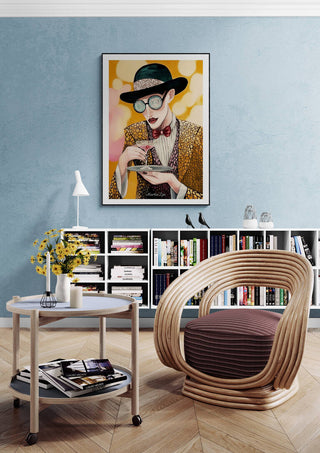 A modern room featuring the Drinking Game - Martin Zen artwork above a bookshelf and stylish chair.