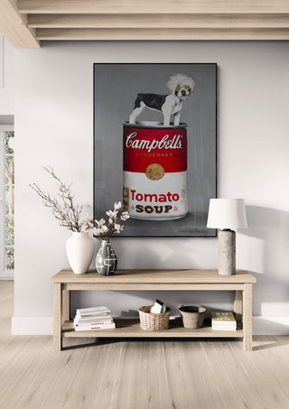 Pop Art Bulldog by Coco de Paris featuring a dog on a Campbell's Tomato Soup can, displayed in a modern living room.