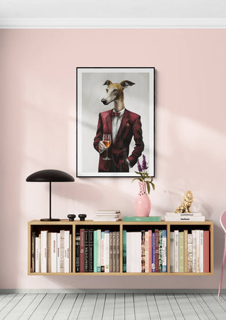Framed Zoophisticated - Martin Zen dog portrait above a modern bookshelf with books, lamp, and decor.