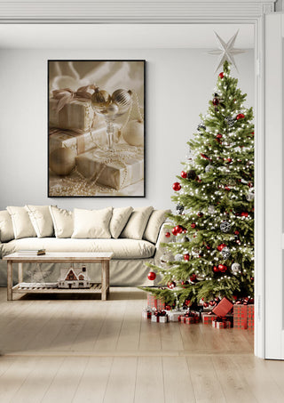 Festive living room with decorated Christmas tree, gifts, and cozy sofa for Presents and Ornaments shopping.