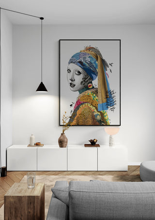 All Mad Here by Nour Tohme artwork displayed above a white sideboard in a modern living room.