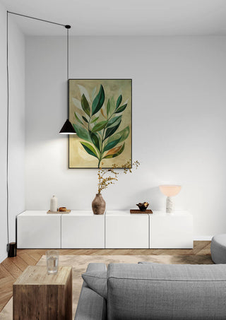 Modern living room featuring "Abstract Horizon" artwork above a white cabinet with minimalist decor.