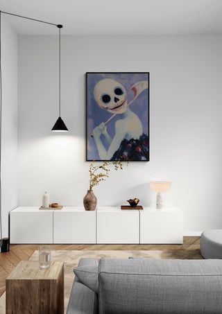 Framed Sun Dima - Martin Zen artwork featuring a skeletal figure, displayed in a modern living room.