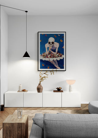 Trumpster - Martin Zen artwork displayed on a white wall above a modern sideboard in a minimalist living room.