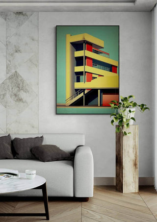 Tall Bauhaus by David Wolf framed on a modern living room wall above a white sofa and plant stand.