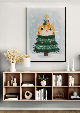 Framed art of a cat in a Christmas tree costume, featured above a modern shelf on the Santa Claws is Coming page.