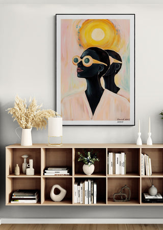 Framed "Sun Away" by David Wolf art print featuring a stylized figure with sunglasses under a bright sun.