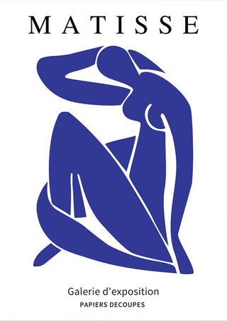 Poster of Matisse Blue Nude artwork with a blue abstract figure and exhibition text on a white background.