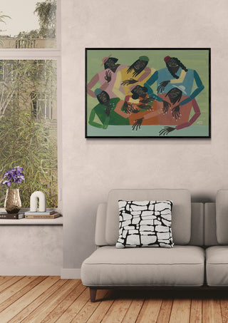 Framed "Gossip" artwork by Studio IMO hanging above a beige sofa in a modern living room.