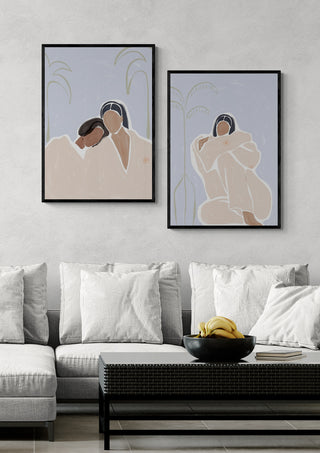 Minimalist art print of a woman cuddling herself in ivy green tones, displayed above a modern sofa.