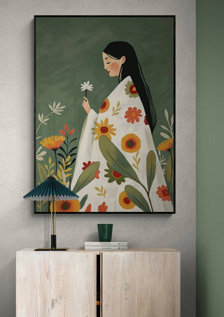 Framed "Petals of Tranquility" art by Elara Monet featuring a woman in a floral wrap, displayed above a cabinet.