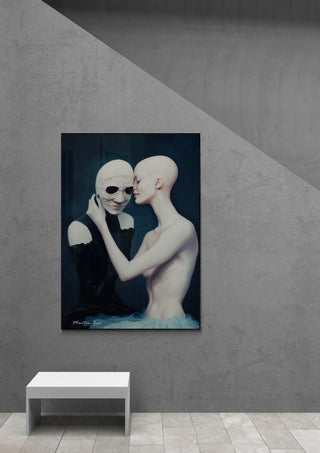 Lovers by Nature by Martin Zen displayed on a gray wall above a white bench in a minimalist setting.