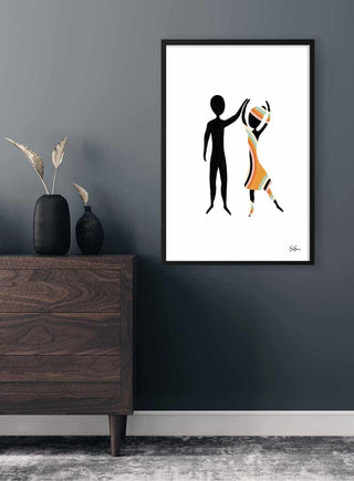 Framed Sara Sonne - Love art poster featuring abstract dancing figures, displayed above a dark wooden dresser.
