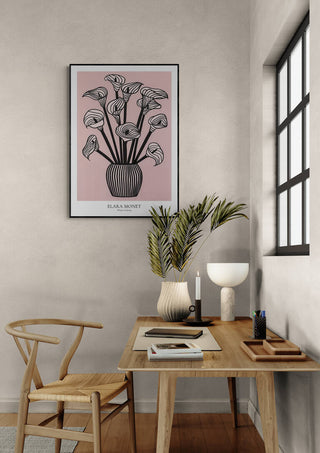 Whispers of Spring - Elara Monet art print displayed above a modern wooden desk with minimalist decor.