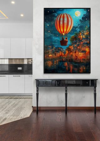 Good Night by Annika Persson displayed in a modern room, featuring a hot air balloon over a lively city at night.